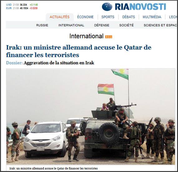 Ria novosti un ministre allemand accuse le quatar de financer les djihadistes en irak LUPR demande au Gouvernement dexpliquer ce quil sait des liens entre son allié lÉmir du Qatar et les terroristes de lEI