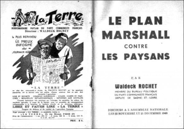 Tiré à part de janvier 1950 de "La Terre", journal hebdomadaire du Parti communiste français destiné au monde rural. Plan Marshall contre Paysans : janvier 1950 La Terre journal hebdomadaire Parti communiste français monde rural.