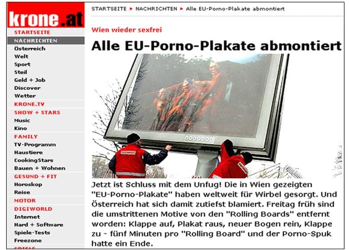 UE PORNOGRAPHIE Panneau pornographique pour présidence autrichienne de 2006 démonté Avec l’invention grotesque de « Captain Europe », la propagande européiste prouve qu’elle est aux abois