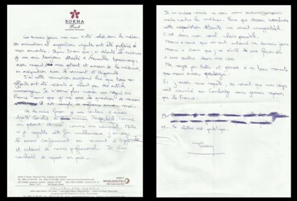 La lettre de Thierry Costa, médecin urgentiste de l'émission Koh Lanta, rendue publique après son suicide, le 1er avril 2013 au Cambodge.