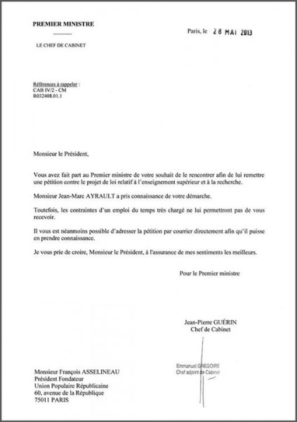 exemple de lettre au 1er ministre