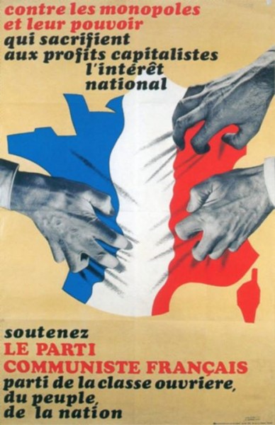 affiche Parti Communiste Français années 60. défense « peuple », « nation » « l’intérêt national » en toutes lettres affiches PCF. mouvement réellement patriote