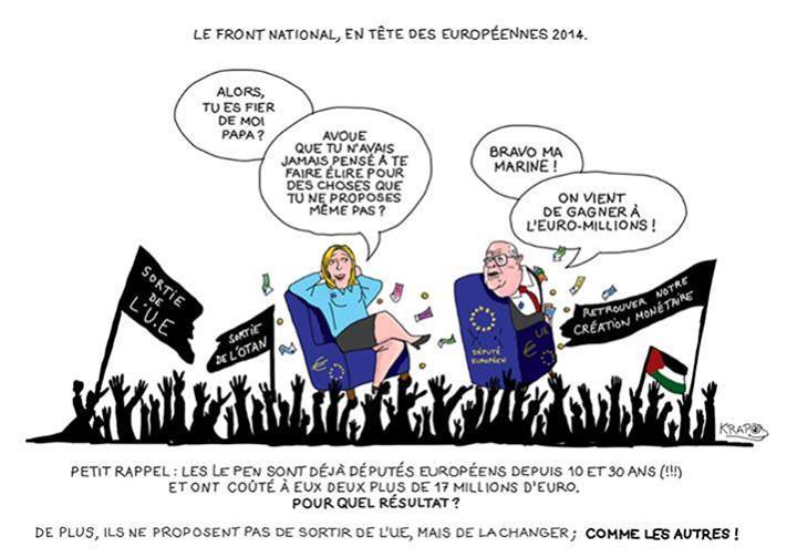 Côté français, M. Le Pen va gaillardement entamer sa 31ème année de député européen payés en gros 15 000 euros par mois net d'impôts, pour ne rien faire. Sa fille va commencer sa 11ème année et son gendre sa 1ère année. M. Gollnisch va entamer sa 26ème année à être ainsi payé très grassement à ne rien faire et il a eu le cynisme de reconnaître que c'était au fond la seule raison pour laquelle il restait au Front National