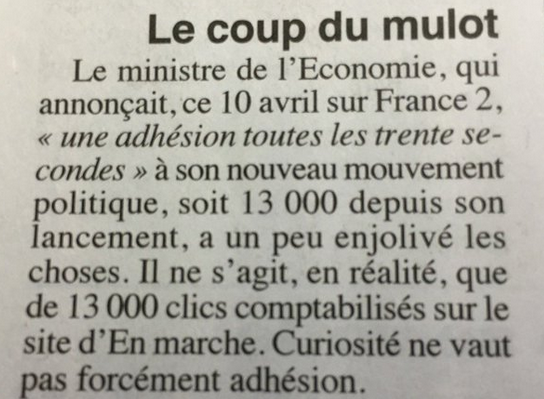 Extrait de l’article du Canard Enchaîné du 12 avril 2016 démasquant le mensonge de Macron.