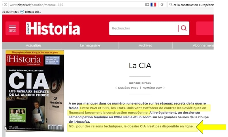 La direction du magazine HISTORIA censure son propre numéro 675 de mars 2003 sur le rôle de la CIA dans la construction européenne et met en demeure l‘UPR d‘en supprimer la reproduction