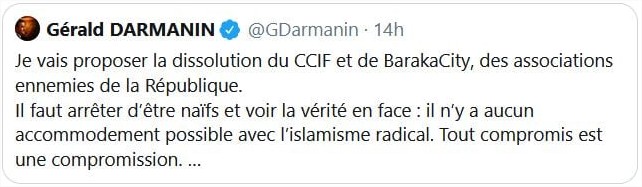 Tweet de Gérald Darmanin