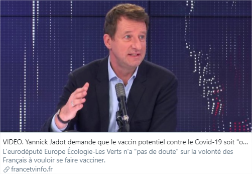 Yannick Jadot demande sur Francetvinfo que le vaccin contre la Covid-19 soit obligatoire.