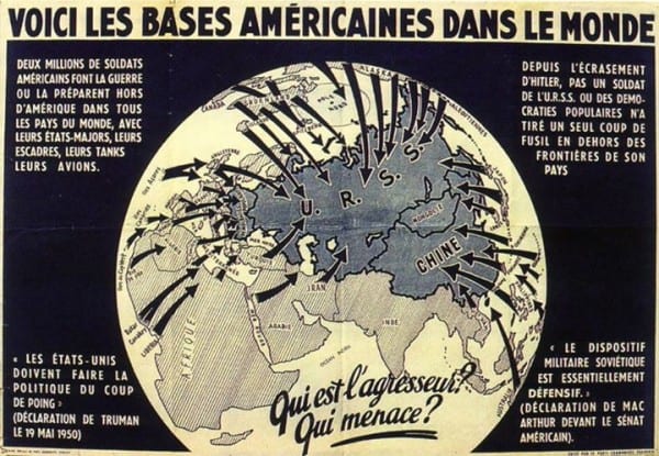 Affiche Parti Communiste Français 1950 VOICI BASES AMÉRICAINES DANS LE MONDE Parti communiste français années 50 enjeux géopolitiques électeurs, intelligents adultes comprendre.