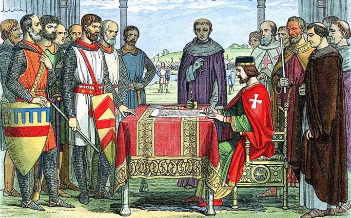 Représentation du XIXe siècle de la signature par Jean sans Terre de la Magna Carta Libertatum, le 15 juin 1215.